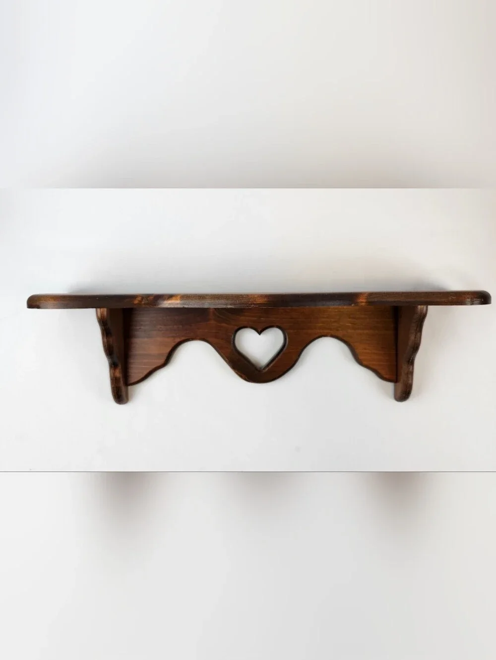 Cottagecore Country Rustic Farmhouse Brown Wood Wall Shelf Heart Cutout  24x6x7